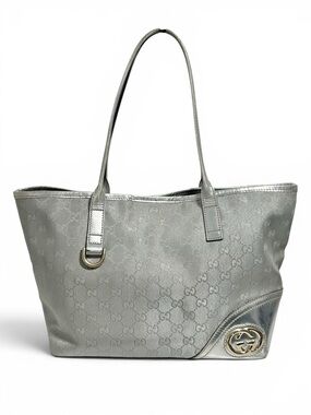 Gucci Medium New Britt Metallic Silver GG Monogram Canvas & Leather Tote